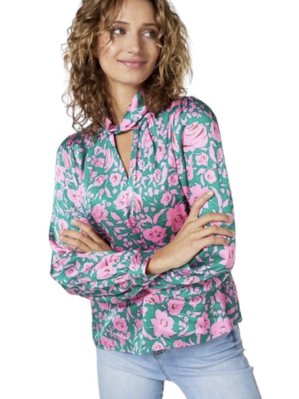 EsQualo "Shimmer Rose" Pink & Green Floral Balloon Sleeve Blouse ** Size 14
